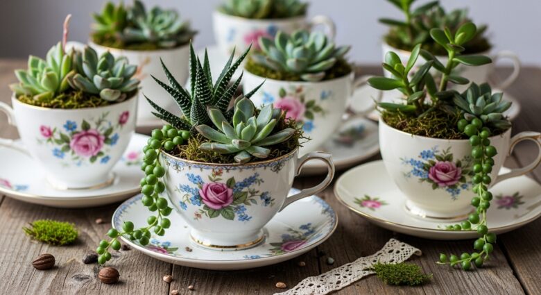 arranjos de suculentas em xícaras de porcelana
