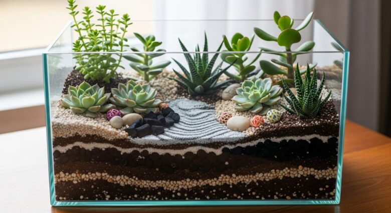 mini jardim de suculentas em aquário