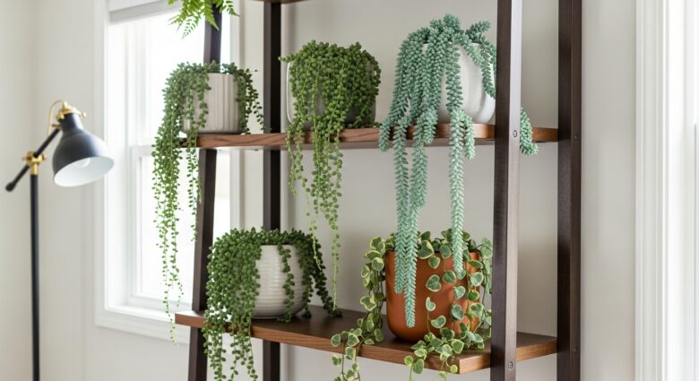 suculentas pendentes para decorar estantes