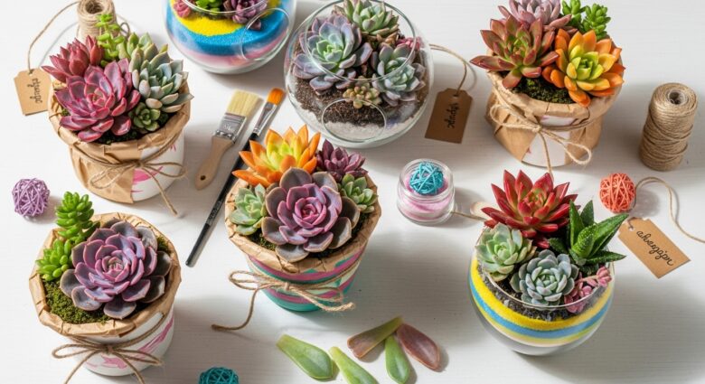 Presentes artesanais com suculentas coloridas