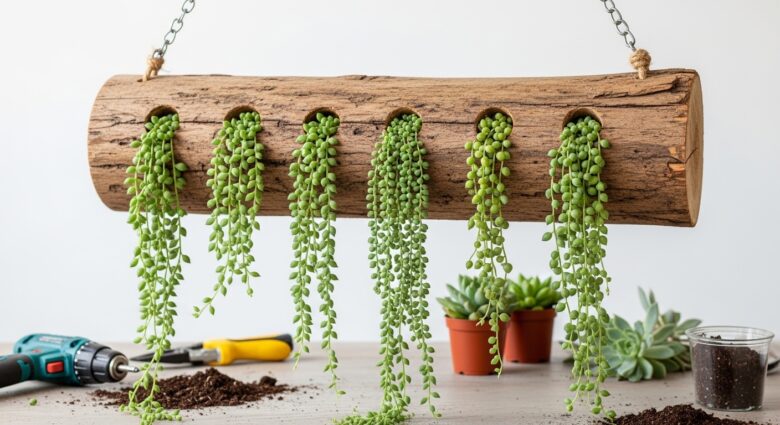 mini jardim suculentas pendentes troncos madeira DIY