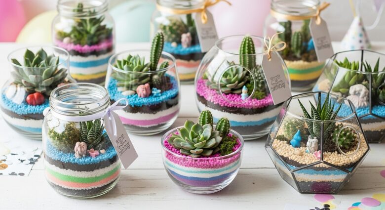 suculentas em mini terrários de vidro como lembrancinha de aniversário
