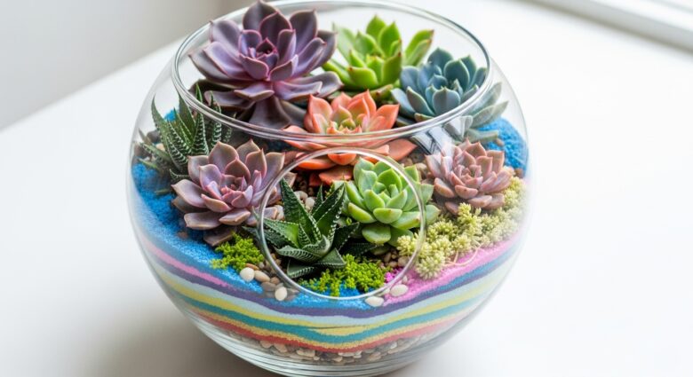 terrário aberto suculentas coloridas camadas decorativas