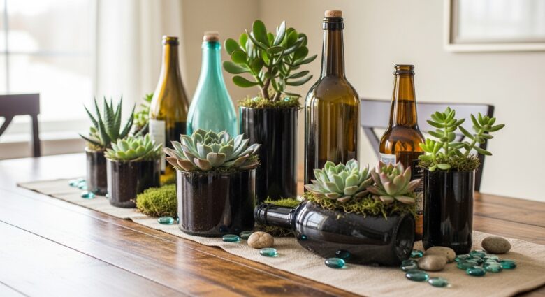 Como decorar mesa com suculentas em garrafas reaproveitadas
