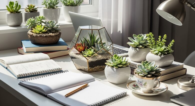 mini jardins com suculentas para mesa de estudo