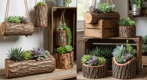 decoração rústica com suculentas em troncos e caixotes de madeira