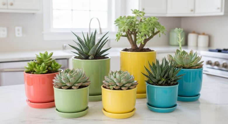 Suculentas em vasos coloridos para cozinha